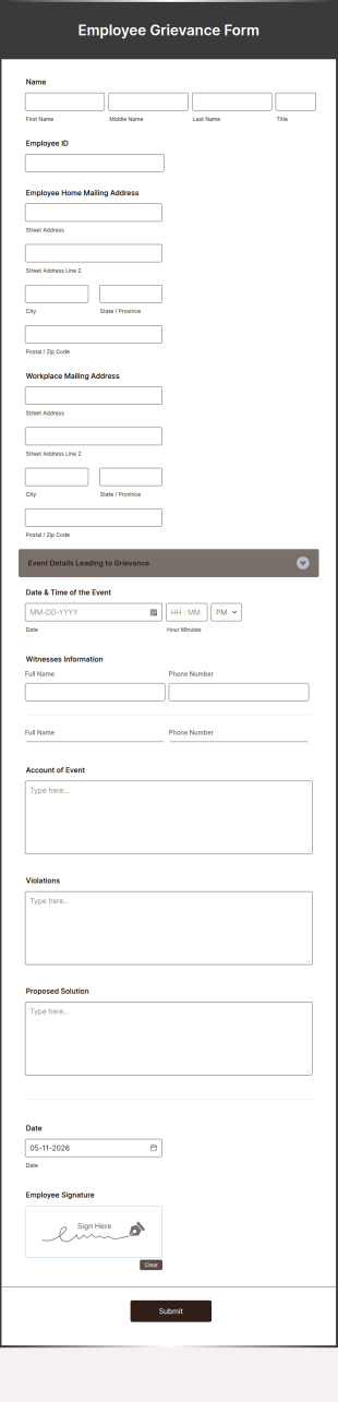 Employee Grievance Form Template