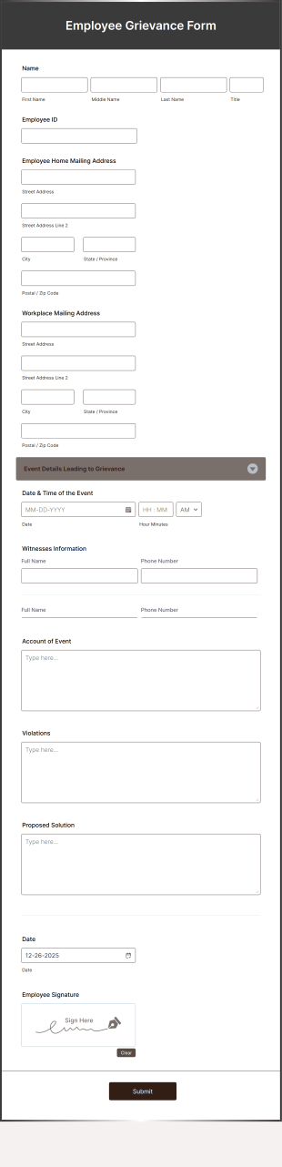 Employee Grievance Form Template