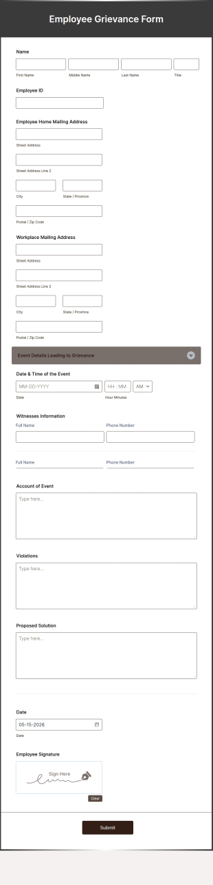 Employee Grievance Form Template