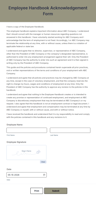 Employee Handbook Acknowledgement Form Template