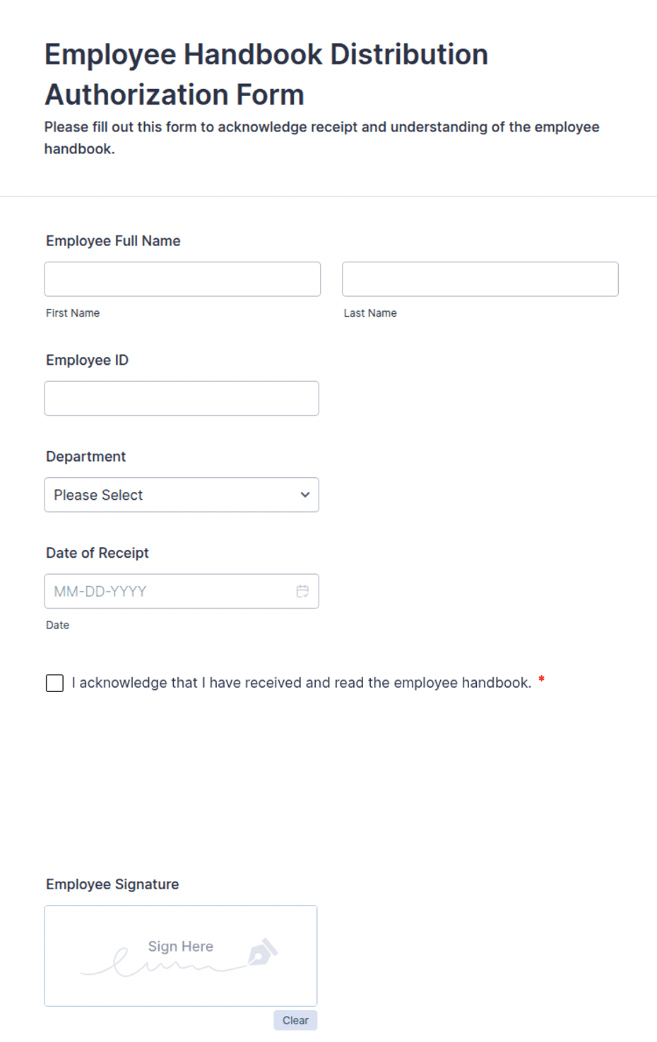 Employee Handbook Distribution Authorization Form Template | Jotform