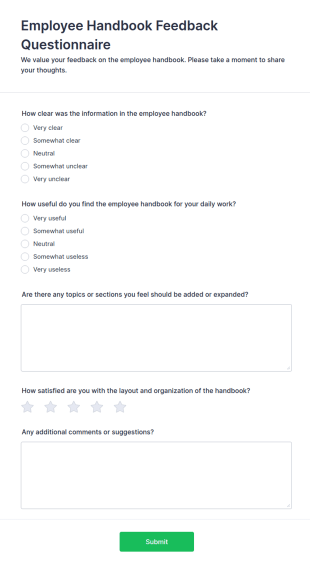 Employee Handbook Feedback Questionnaire Form Template