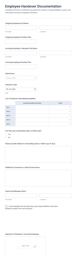 Employee Handover Documentation Form Template
