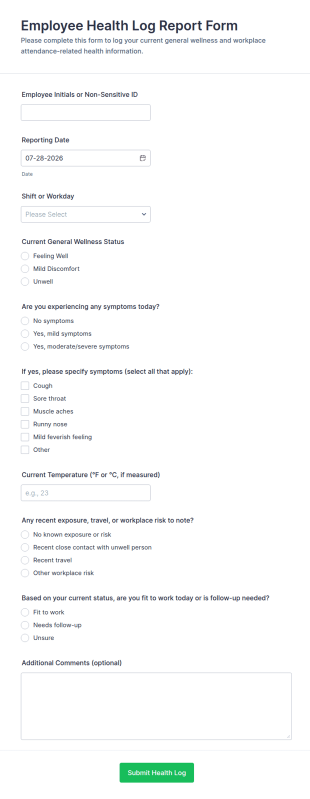 Employee Health Log Report Form Template