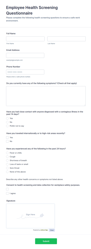Employee Health Screening Questionnaire Form Template