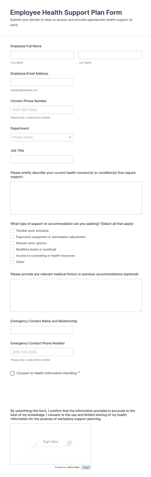 Employee Health Support Plan Form Template