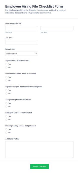 Employee Hiring File Checklist Form Template