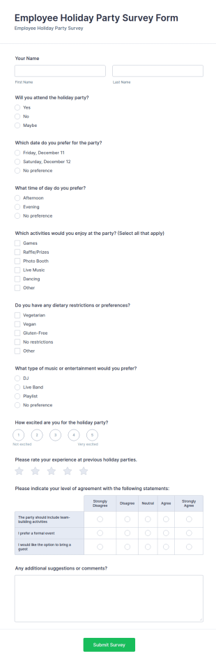 Employee Holiday Party Survey Form Template