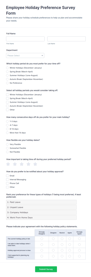 Employee Holiday Preference Survey Form Template