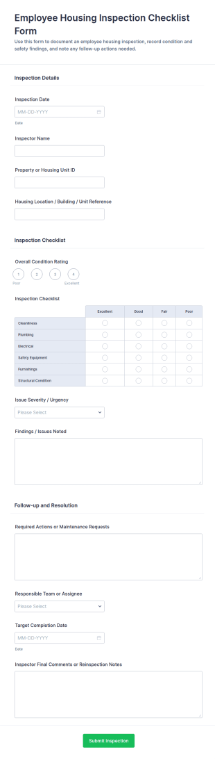 Employee Housing Inspection Checklist Form Template