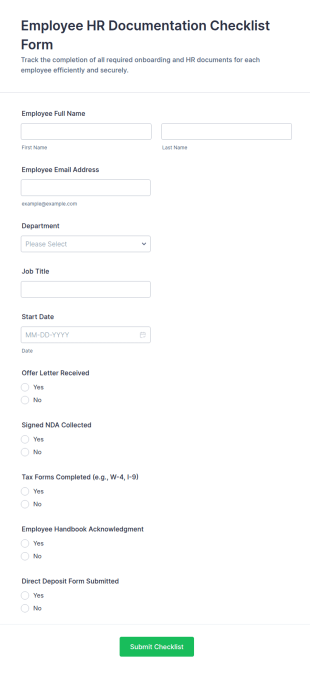 Employee HR Documentation Checklist Form Template