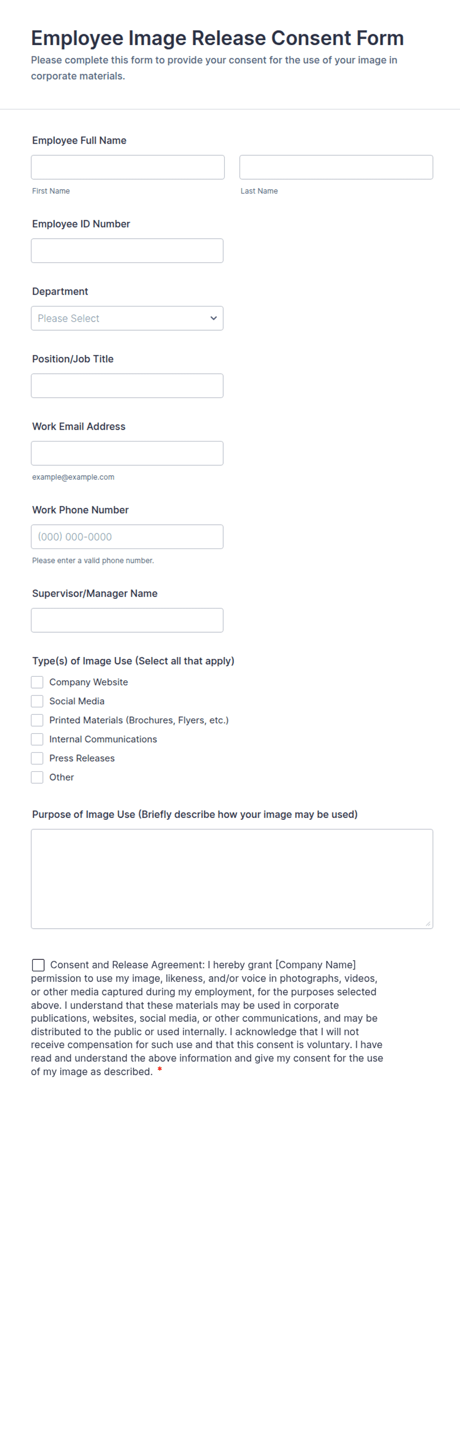 Employee Image Release Consent Form Template | Jotform