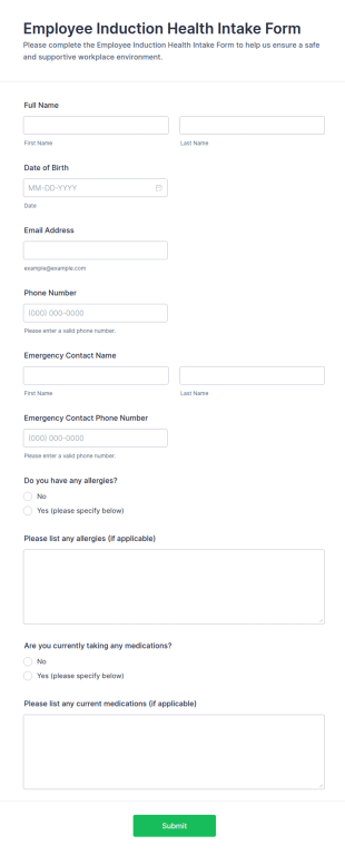 Employee Induction Health Intake Form Template