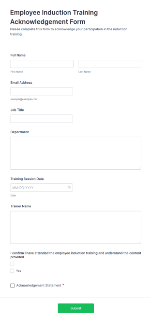 Employee Induction Training Acknowledgement Form Template