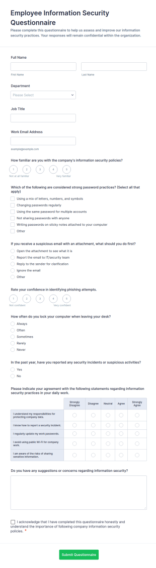 Employee Information Security Questionnaire Form Template