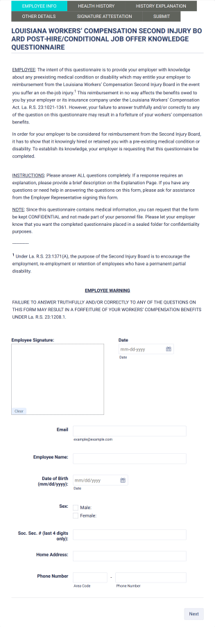 Employee Injury Questionnaire Form Template