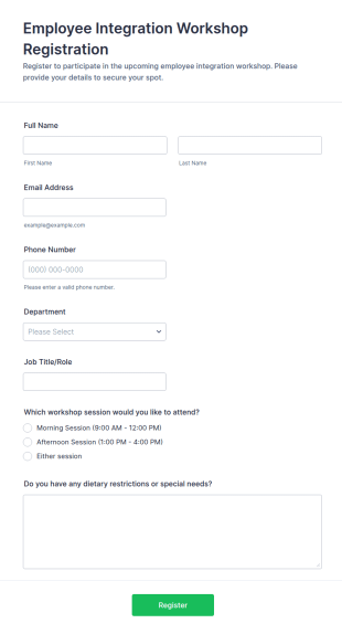 Employee Integration Workshop Registration Form Template