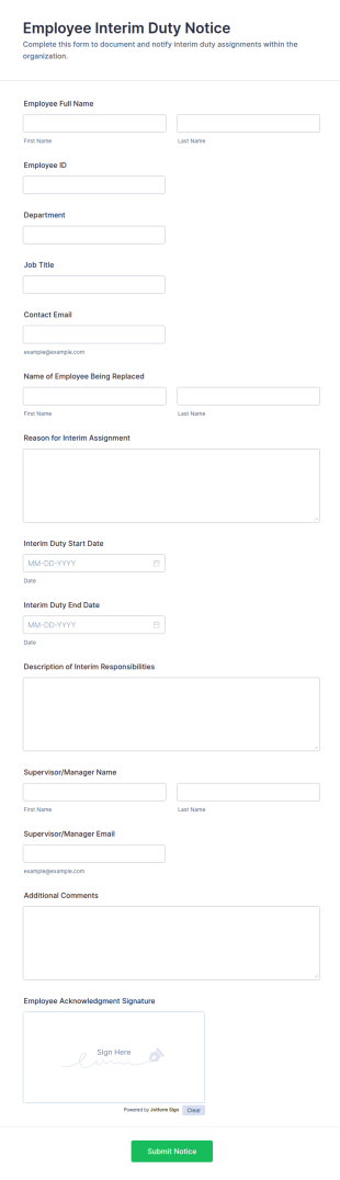 Employee Interim Duty Notice Form Template