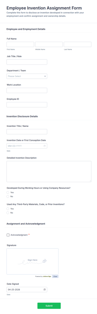 Employee Invention Assignment Form Template