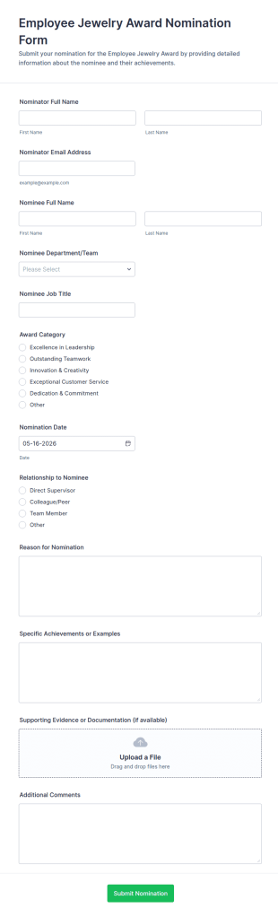 Employee Jewelry Award Nomination Form Template