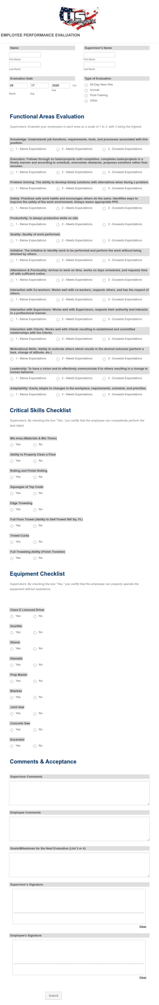 Employee Job Performance Evaluation Form Template