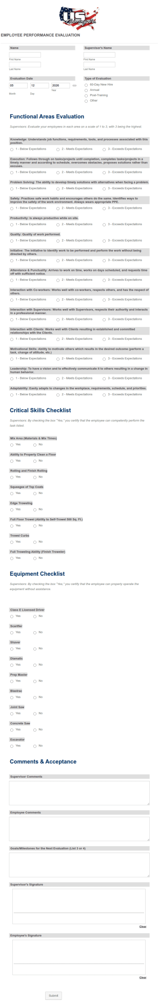 Employee Job Performance Evaluation Form Template