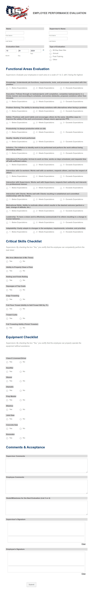 Employee Job Performance Evaluation Form Template