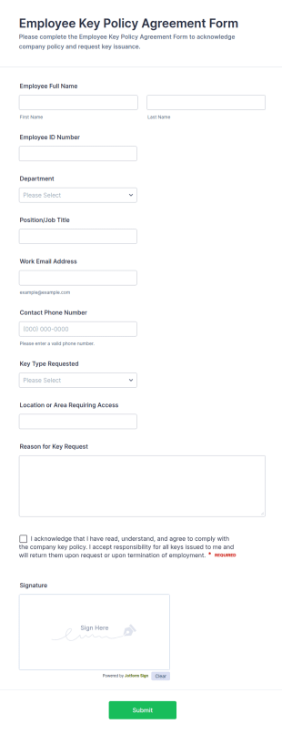 Employee Key Policy Agreement Form Template