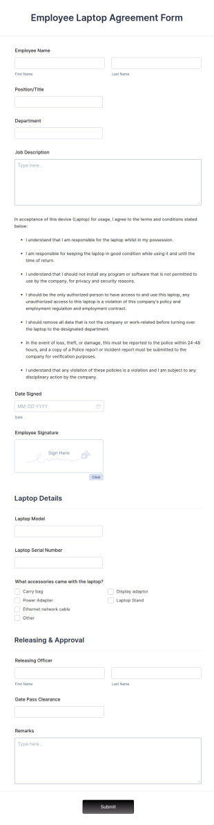 Employee Laptop Agreement Form Template