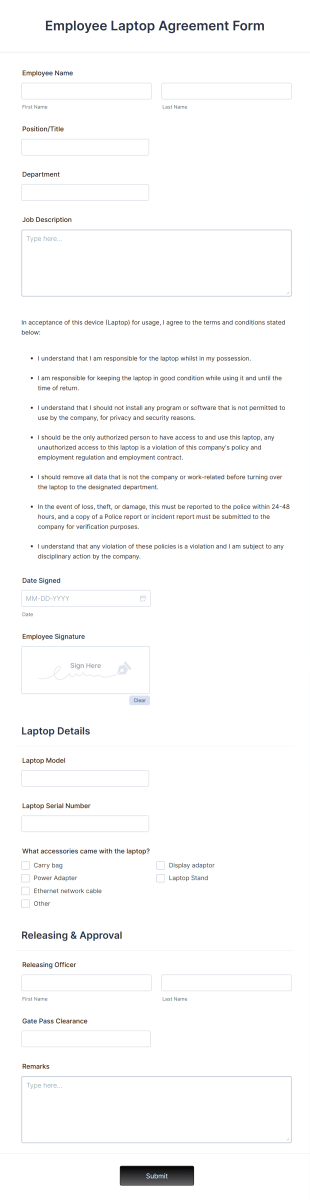 Employee Laptop Agreement Form Template
