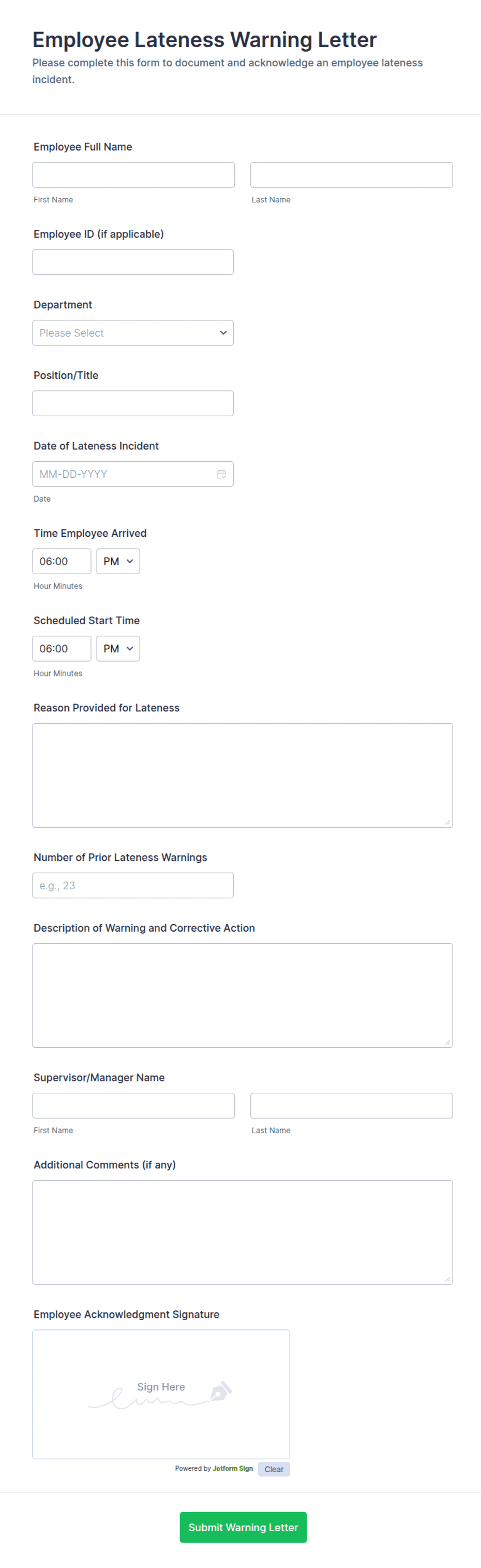 Employee Lateness Warning Letter Form Template | Jotform