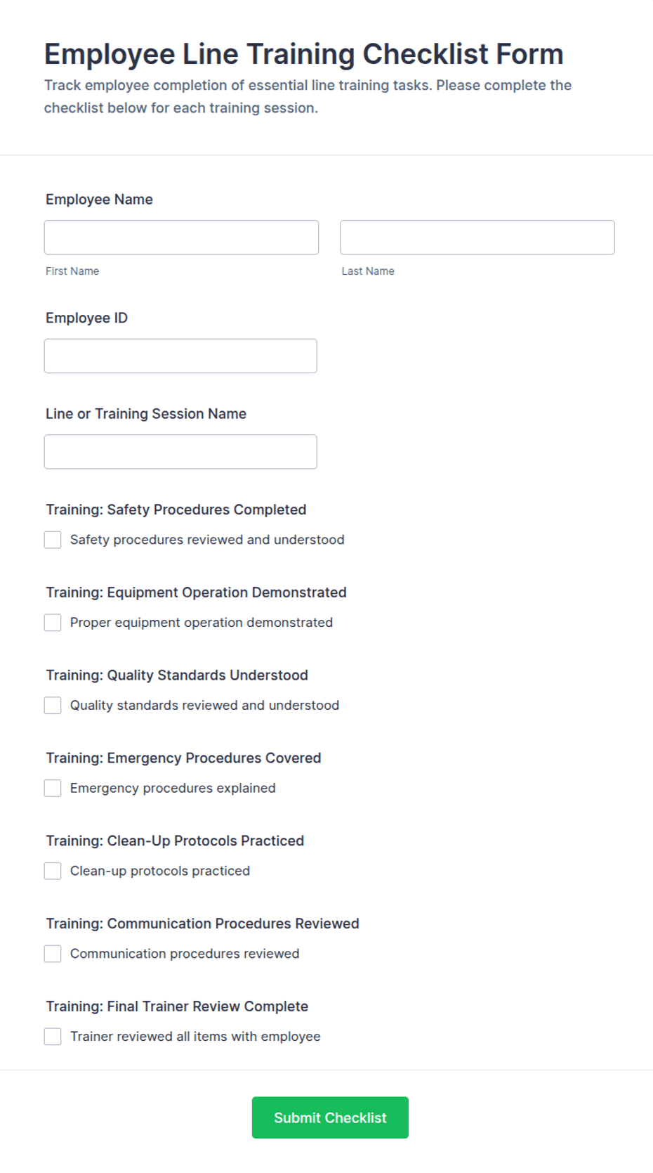 Employee Line Training Checklist Form Template | Jotform