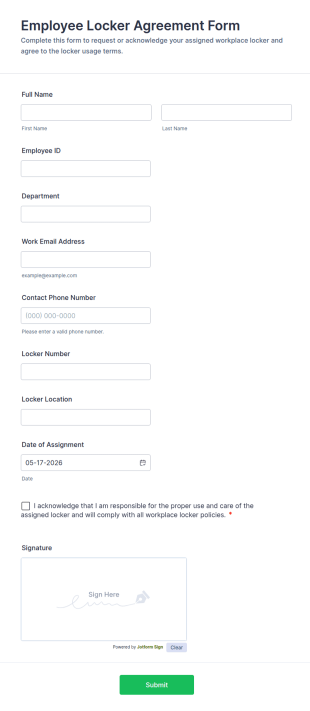 Employee Locker Agreement Form Template