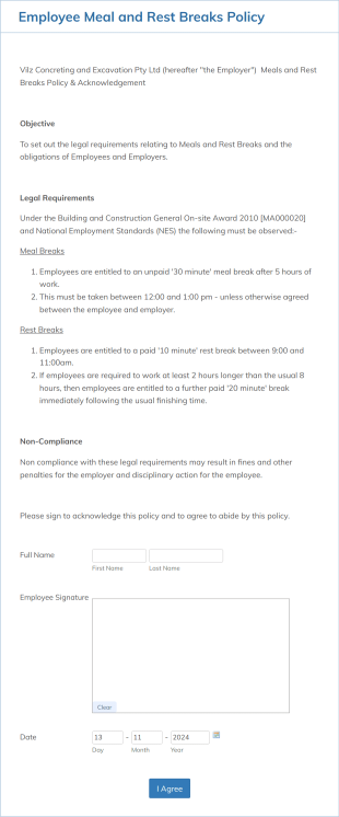 Employee Meal And Rest Breaks Policy Form Template