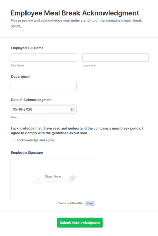 Employee Meal Break Acknowledgment Form Template