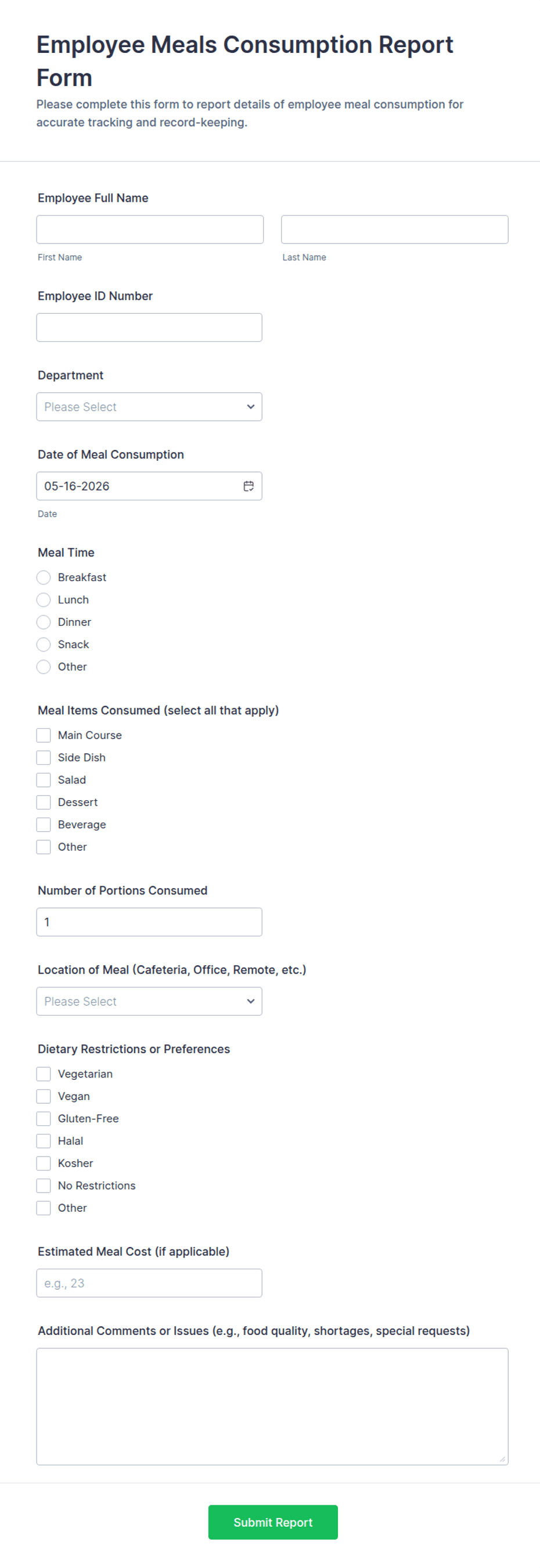 Employee Meals Consumption Report Form Template | Jotform