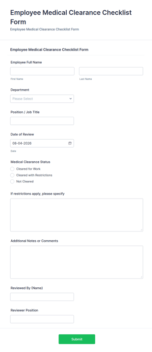 Employee Medical Clearance Checklist Form Template