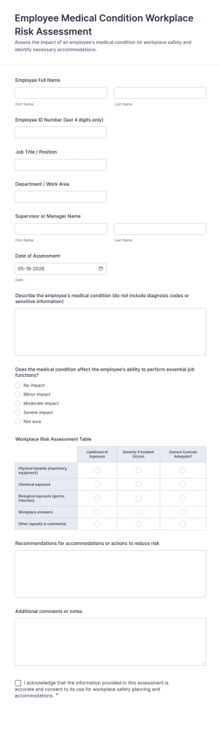 Employee Medical Condition Workplace Risk Assessment Form Template