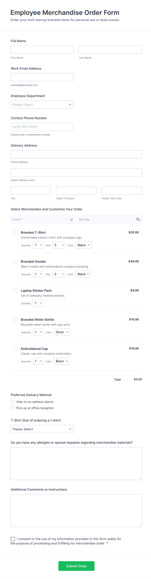 Employee Merchandise Order Form Template