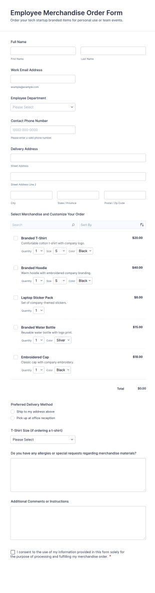 Employee Merchandise Order Form Template