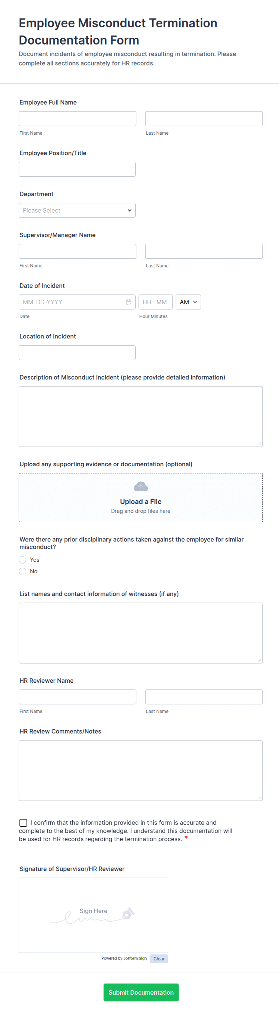 Miscounduct Form Example Employee Misconduct Termination Documentation Form Template | Jotform