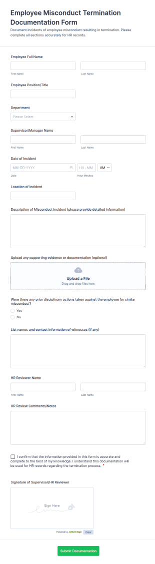 Employee Misconduct Termination Documentation Form Template