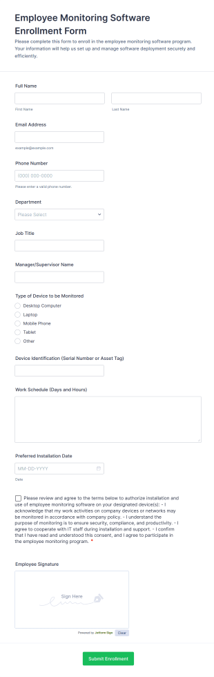 Employee Monitoring Software Enrollment Form Template
