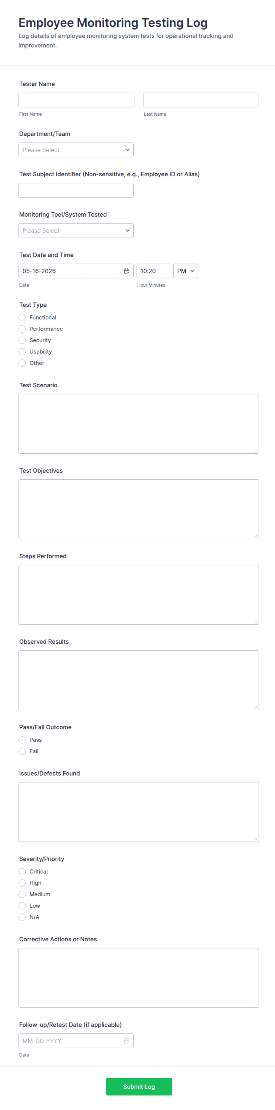 Employee Monitoring Testing Log Form Template | Jotform