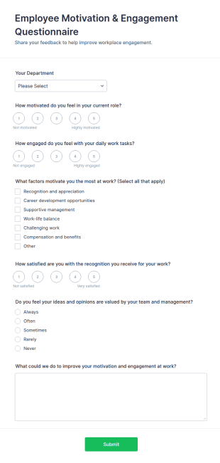 Employee Motivation & Engagement Questionnaire Form Template