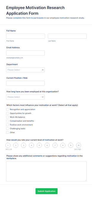 Employee Motivation Research Application Form Template
