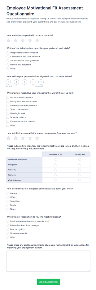 Employee Motivational Fit Assessment Questionnaire Form Template