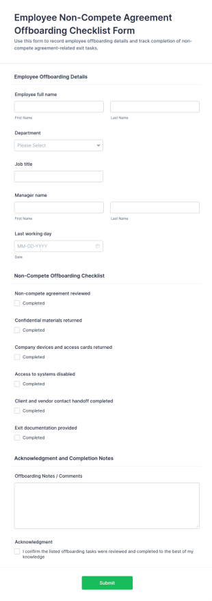 Employee Non Compete Agreement Offboarding Checklist Form Template