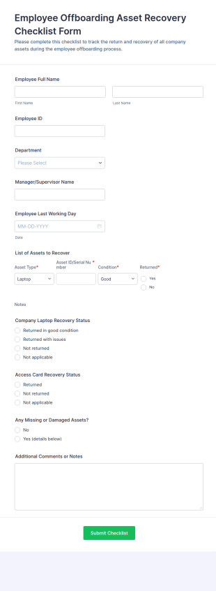 Employee Offboarding Asset Recovery Checklist Form Template