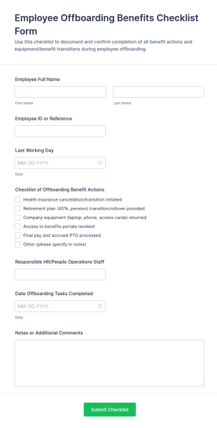 Employee Offboarding Benefits Checklist Form Template